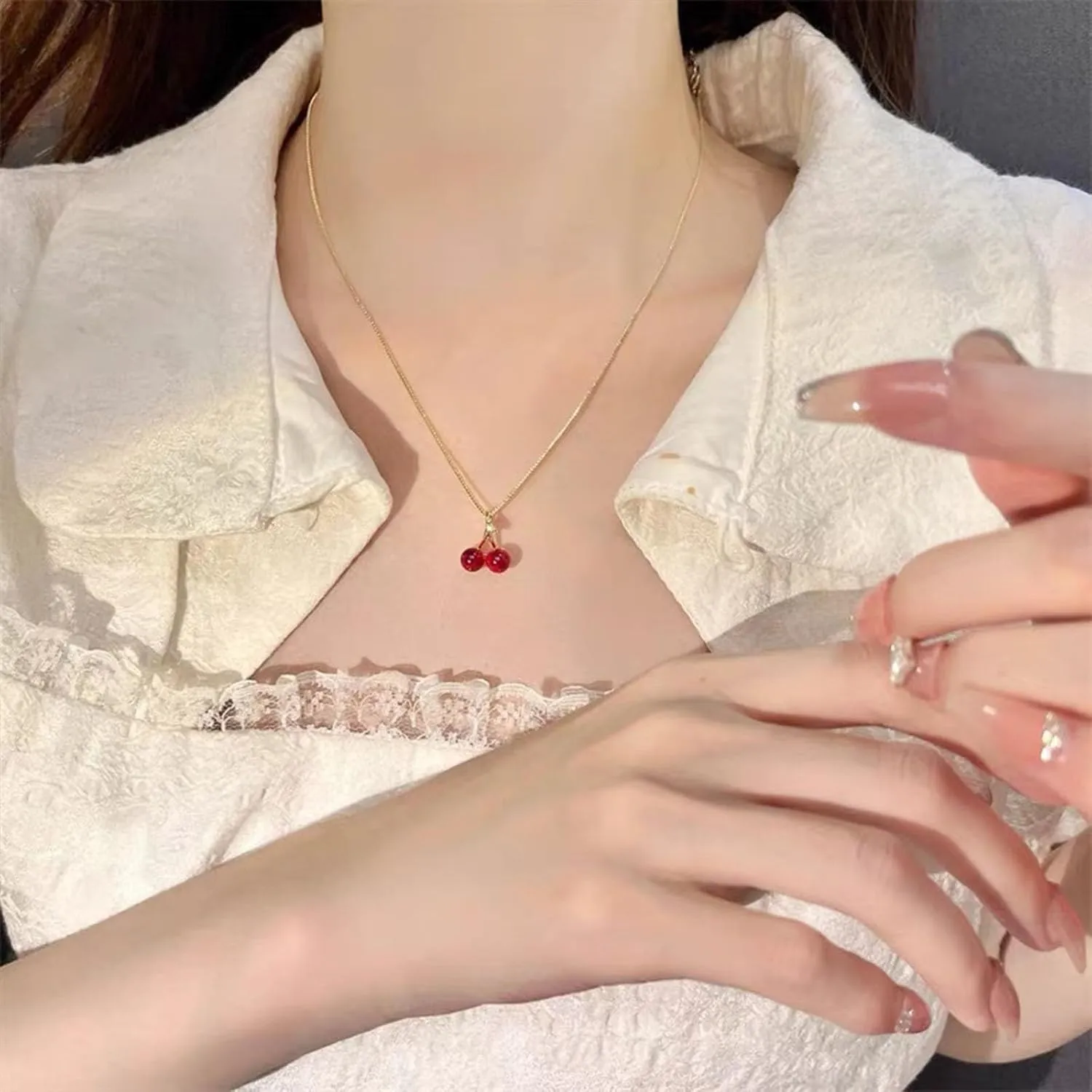 Cherry Charm Necklace - Dainty Gold Chain with Red Heart Pendant