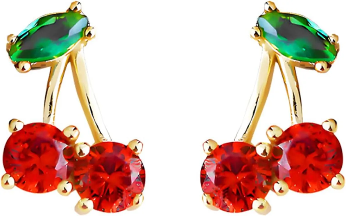 Cherry Stud Earrings for Women Personalized 18K Gold Plated Red Cherry Elegant Shining Green Emerald Leaf CZ Crystal Ruby Cherries Post Earring Cherry Jewelry Gift for Lovers