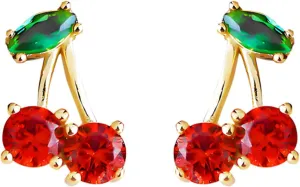 Cherry Stud Earrings for Women Personalized 18K Gold Plated Red Cherry Elegant Shining Green Emerald Leaf CZ Crystal Ruby Cherries Post Earring Cherry Jewelry Gift for Lovers