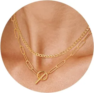 CHESKY Gold Layered Necklaces for Women, 14K Dainty Gold Chain Necklace Women Trendy Cuban Link Paperclip Chain Toggle Clasp Necklace Fashion Chunky Jewelry for Women