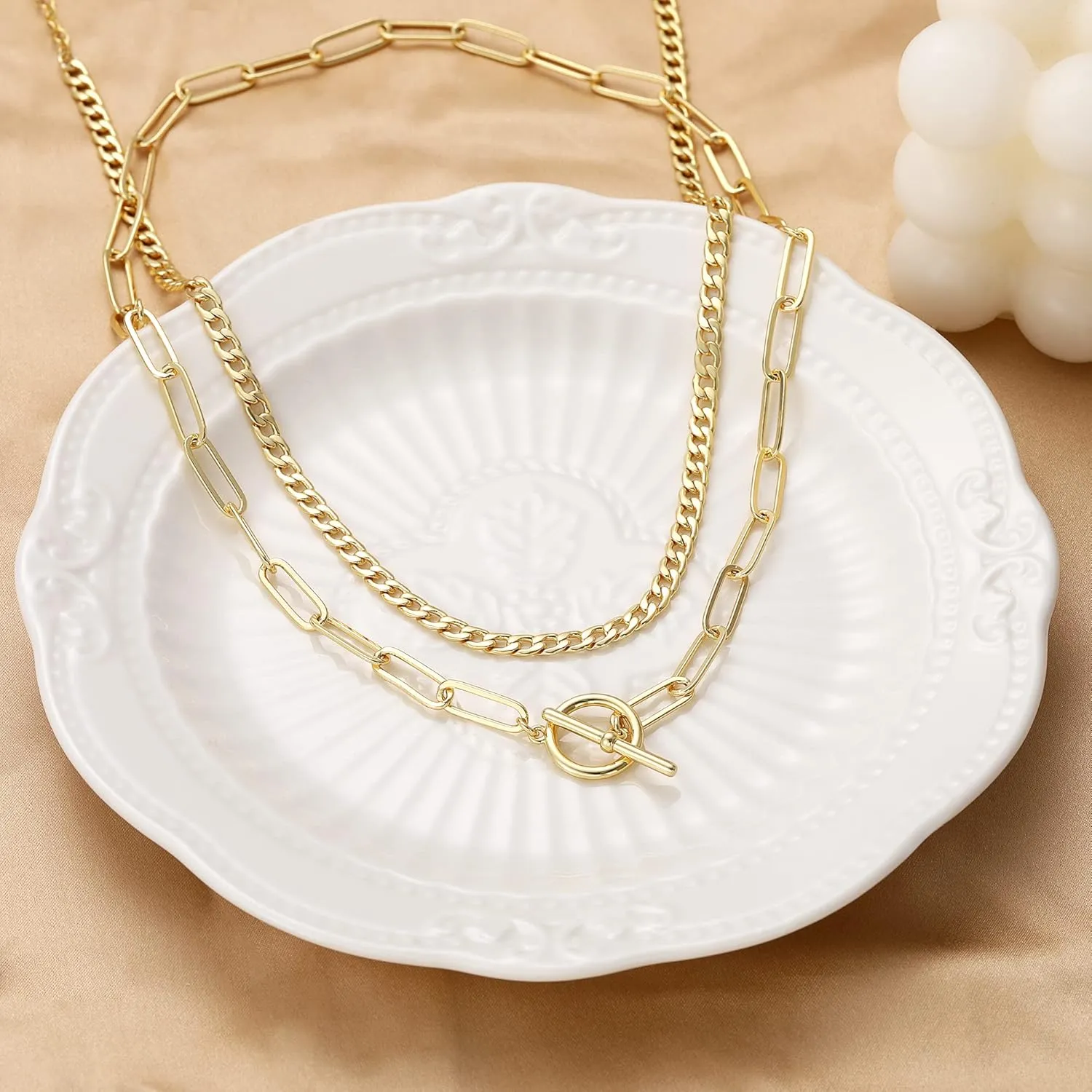 CHESKY Gold Layered Necklaces for Women, 14K Dainty Gold Chain Necklace Women Trendy Cuban Link Paperclip Chain Toggle Clasp Necklace Fashion Chunky Jewelry for Women