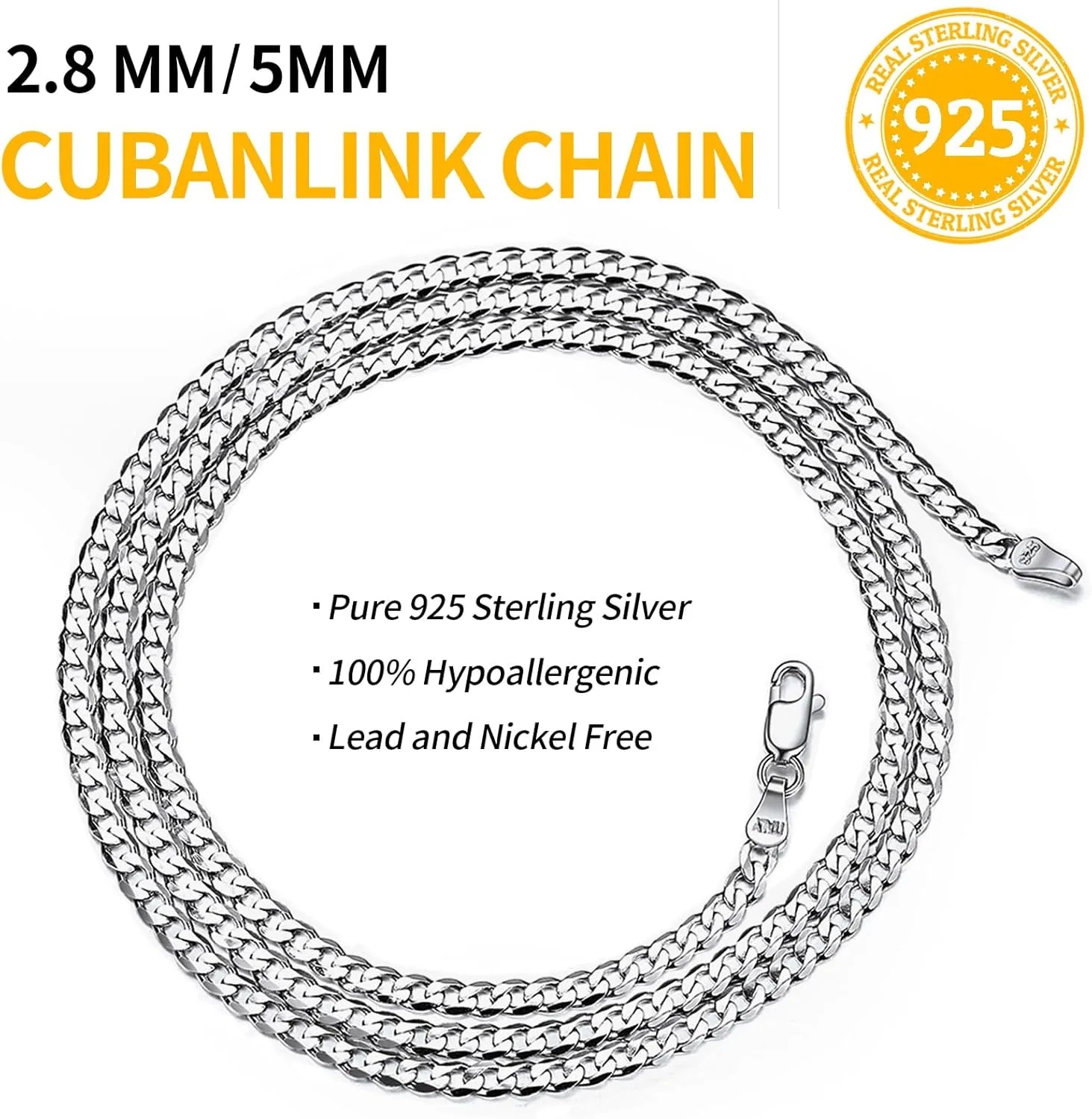 ChicSilver 2.8mm/5mm Solid 925 Sterling Silver Cuban Link/Figaro Chain Necklace for Women Men, 14, 18, 20, 22, 24, 26, 28 Inch(with Gift Box)