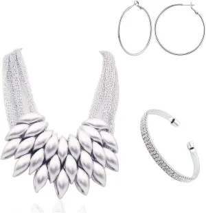 Chunky Layered Tassel Choker Jewelry Sets for Women,African Bib Tribal Collar Necklace,Huggie Hoop Circle Earrings and Shiny Cubic Zirconia Bracelet,3pcs Statement Fashion Trendy Jewelry Gifts