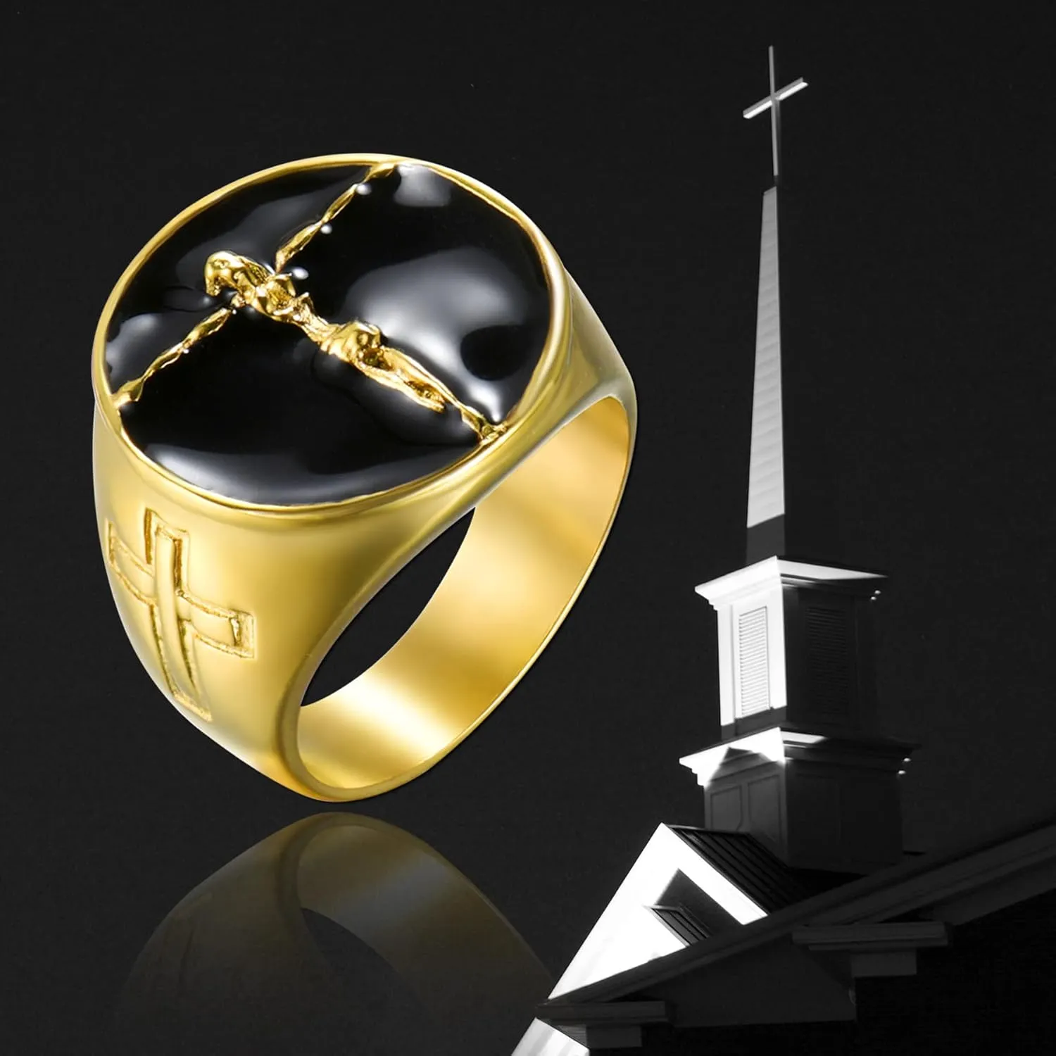 Class Cross Jesus Rings for Men Stainless Steel Punk Gold Tone Ring Size 8 to 13