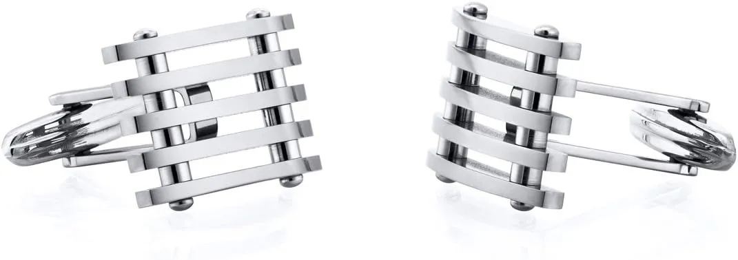 Classy Industrial Striped Design Polished Titanium Mens Cufflinks, Men's Cufflinks Business Wedding Shirts, Cuff Links Men's Gifts - Boyfriend, Husband, Groom w/Jewelry Box, Gifts for Men