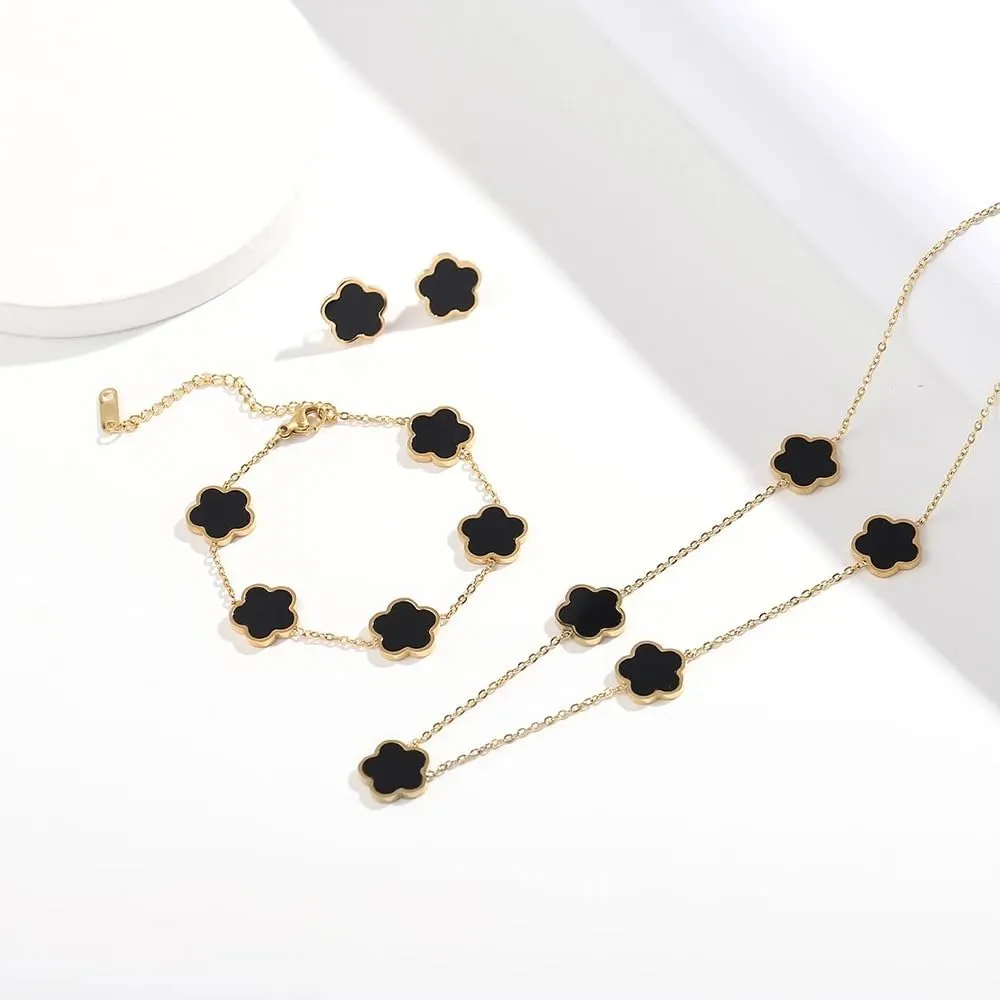 Clover Jewelry Set 18K Gold Plated Stainless Steel Necklace with Flower Design Four leaf clover for Women, Elegant Four Leaf Clover Necklace Floral Style Jewelry