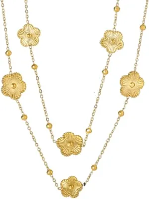 Clover Jewelry Set 18K Gold Plated Stainless Steel Necklace with Flower Design Four leaf clover for Women, Elegant Four Leaf Clover Necklace Floral Style Jewelry