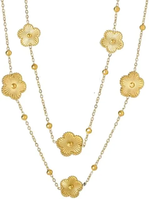 Clover Jewelry Set 18K Gold Plated Stainless Steel Necklace with Flower Design Four leaf clover for Women, Elegant Four Leaf Clover Necklace Floral Style Jewelry