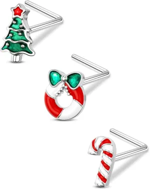 CM Crareesi Mania Christmas Nose Ring Studs 20G Nose Piercings 316L Stainless Steel 3PCS L-Shaped Nose Rings Pack for Women Nostril Nose Piercing Jewelry