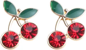 coadipress 18K Gold Plated Red Cherry Stud Earrings for Women Elegant Shining Green Emerald Leaf CZ Crystal Ruby Cherries Post Earring