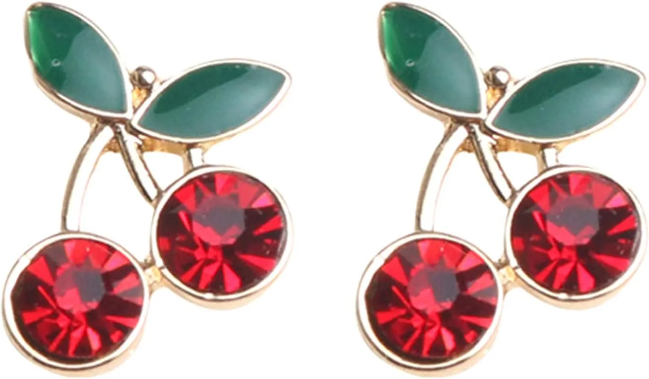 coadipress 18K Gold Plated Red Cherry Stud Earrings for Women Elegant Shining Green Emerald Leaf CZ Crystal Ruby Cherries Post Earring