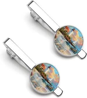 Coastal Lighthouse Seaside Scenery Mens Tie Clips Pin Unique Tie Bars for Wedding Anniversary Holiday Gifts 5.5x2.2cm