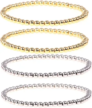 COLORFUL BLING 4Pcs Copper Beaded Stretch Bracelet Set Ball Beads Stacking Elastic Brass Bead Ball Stretch Bracelet Bangle for Women Men