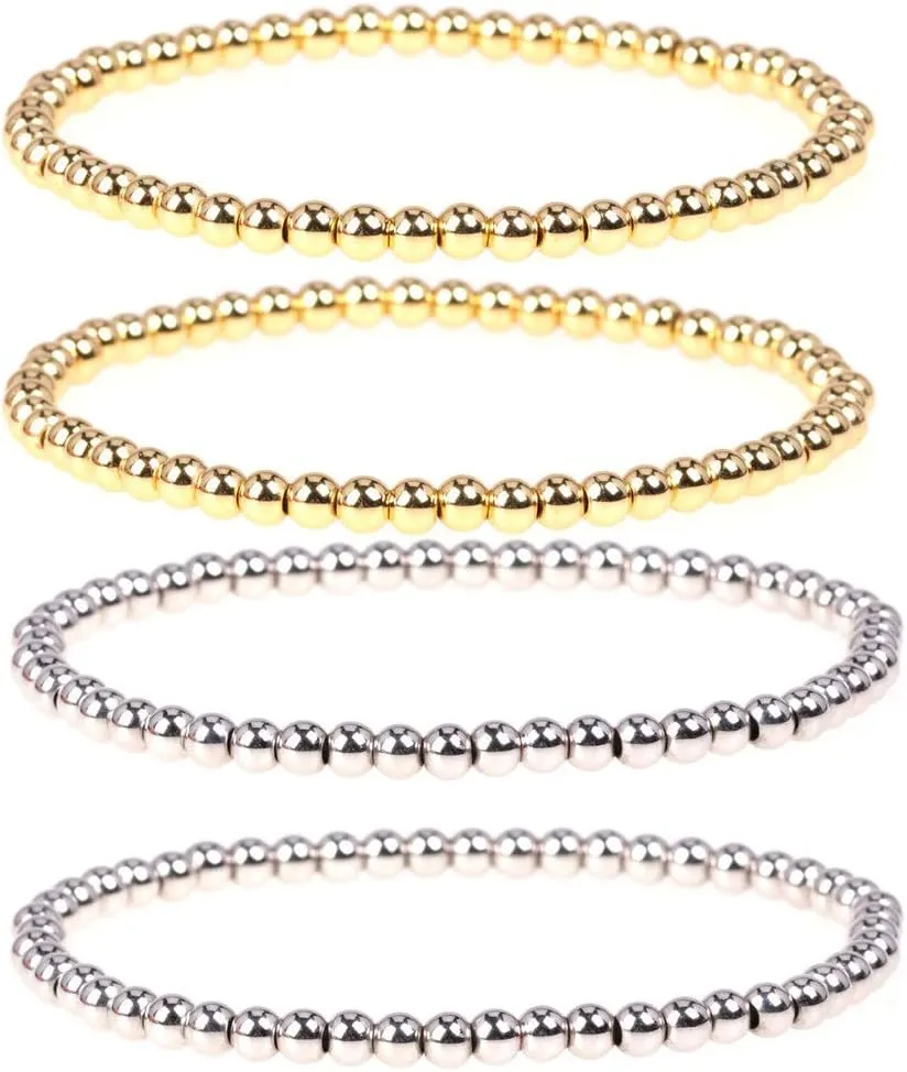 COLORFUL BLING 4Pcs Copper Beaded Stretch Bracelet Set Ball Beads Stacking Elastic Brass Bead Ball Stretch Bracelet Bangle for Women Men