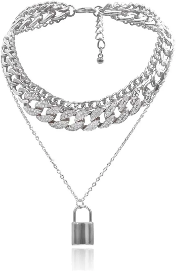 COLORFUL BLING Shiny Hip Hop Rhinestone Cuban Link Chain Lock Pendant Necklace With Bracelet Set Punk Cubic Zircon Layered Choker Necklace for Women Unisex Jewelry