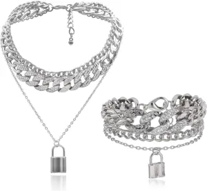 COLORFUL BLING Shiny Hip Hop Rhinestone Cuban Link Chain Lock Pendant Necklace With Bracelet Set Punk Cubic Zircon Layered Choker Necklace for Women Unisex Jewelry