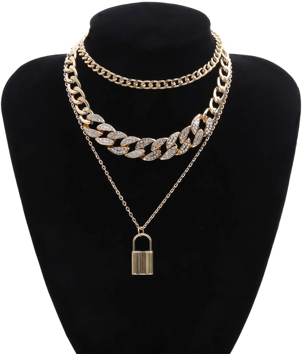 COLORFUL BLING Shiny Hip Hop Rhinestone Cuban Link Chain Lock Pendant Necklace With Bracelet Set Punk Cubic Zircon Layered Choker Necklace for Women Unisex Jewelry