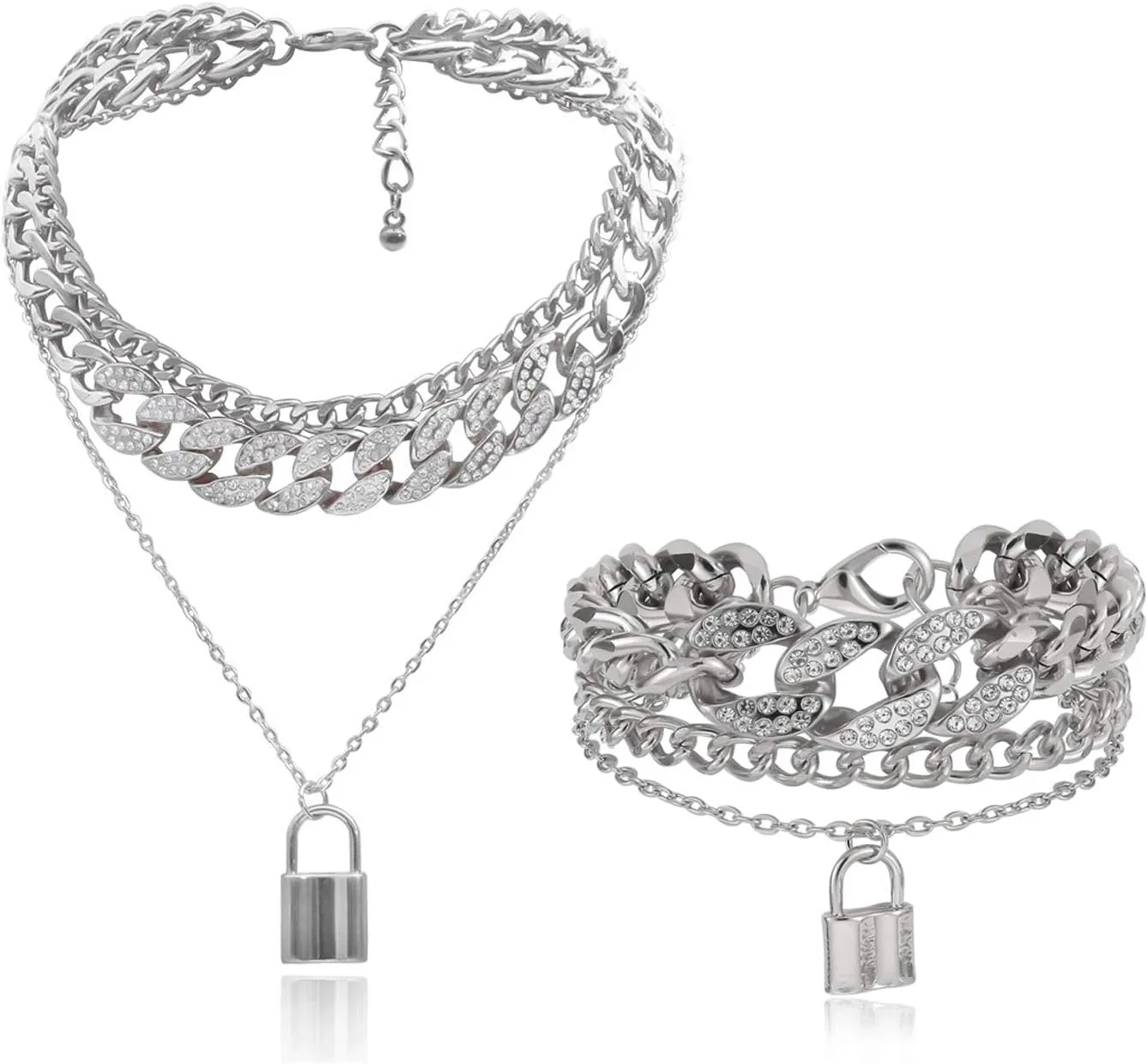 COLORFUL BLING Shiny Hip Hop Rhinestone Cuban Link Chain Lock Pendant Necklace With Bracelet Set Punk Cubic Zircon Layered Choker Necklace for Women Unisex Jewelry