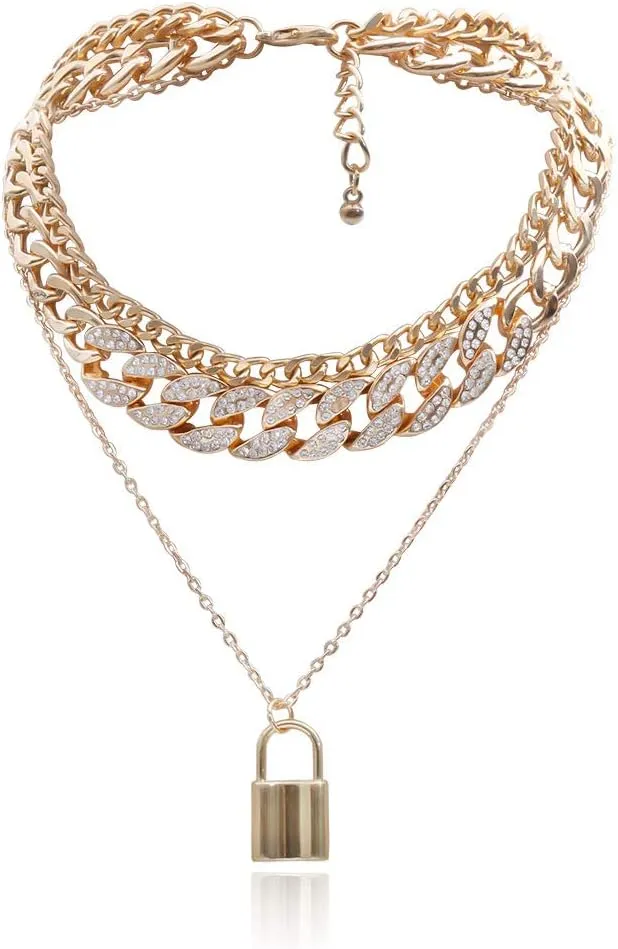 COLORFUL BLING Shiny Hip Hop Rhinestone Cuban Link Chain Lock Pendant Necklace With Bracelet Set Punk Cubic Zircon Layered Choker Necklace for Women Unisex Jewelry
