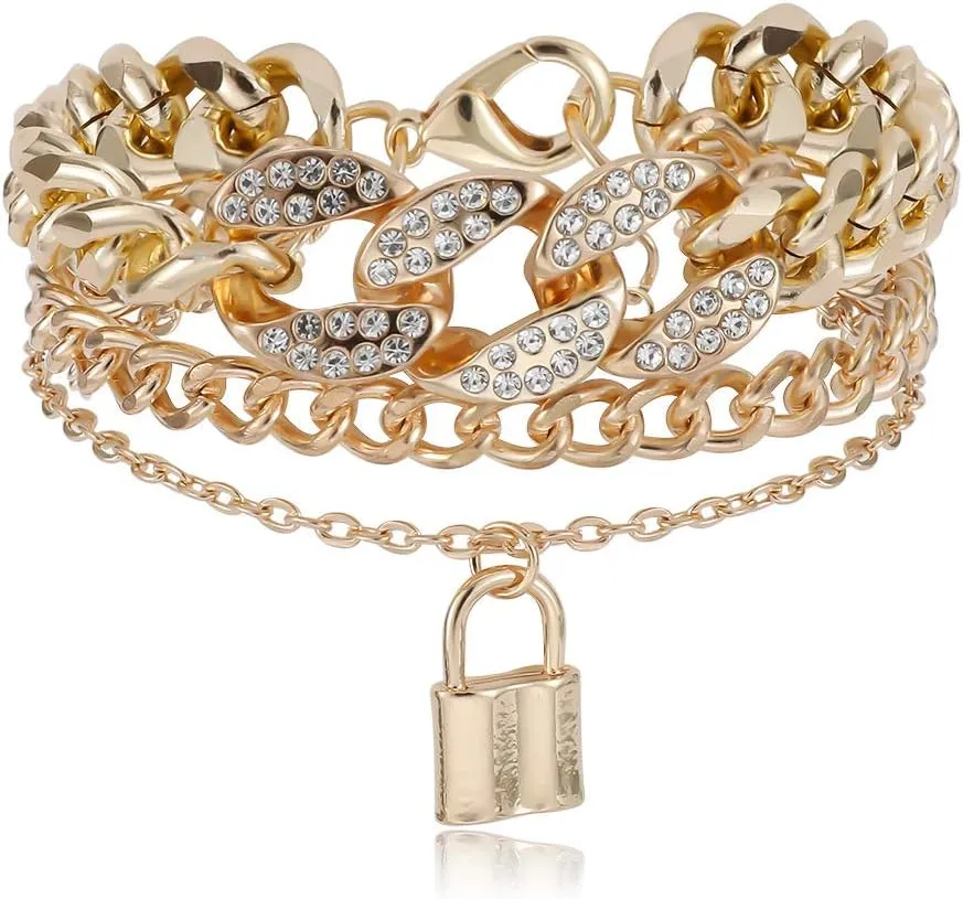 COLORFUL BLING Shiny Hip Hop Rhinestone Cuban Link Chain Lock Pendant Necklace With Bracelet Set Punk Cubic Zircon Layered Choker Necklace for Women Unisex Jewelry