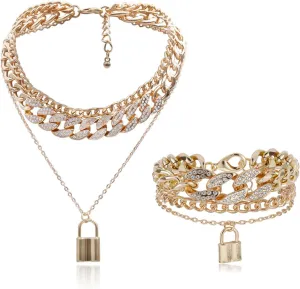 COLORFUL BLING Shiny Hip Hop Rhinestone Cuban Link Chain Lock Pendant Necklace With Bracelet Set Punk Cubic Zircon Layered Choker Necklace for Women Unisex Jewelry