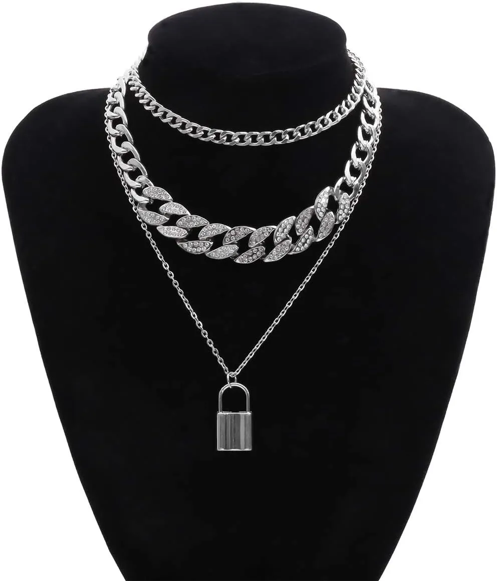 COLORFUL BLING Shiny Hip Hop Rhinestone Cuban Link Chain Lock Pendant Necklace With Bracelet Set Punk Cubic Zircon Layered Choker Necklace for Women Unisex Jewelry