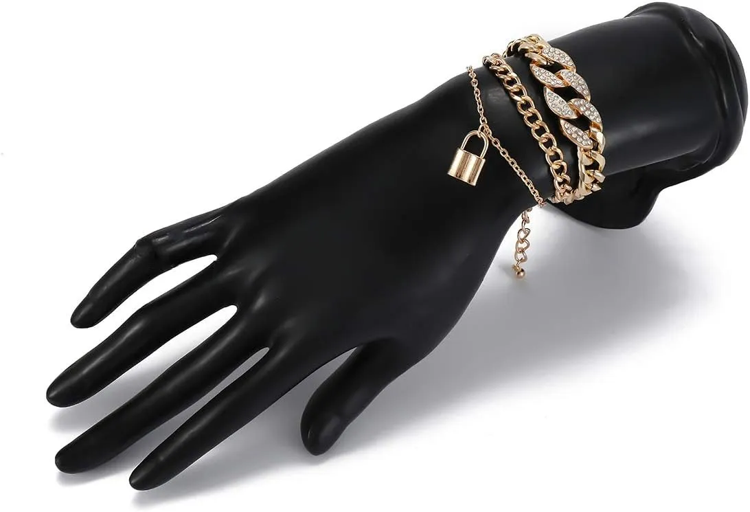COLORFUL BLING Shiny Hip Hop Rhinestone Cuban Link Chain Lock Pendant Necklace With Bracelet Set Punk Cubic Zircon Layered Choker Necklace for Women Unisex Jewelry