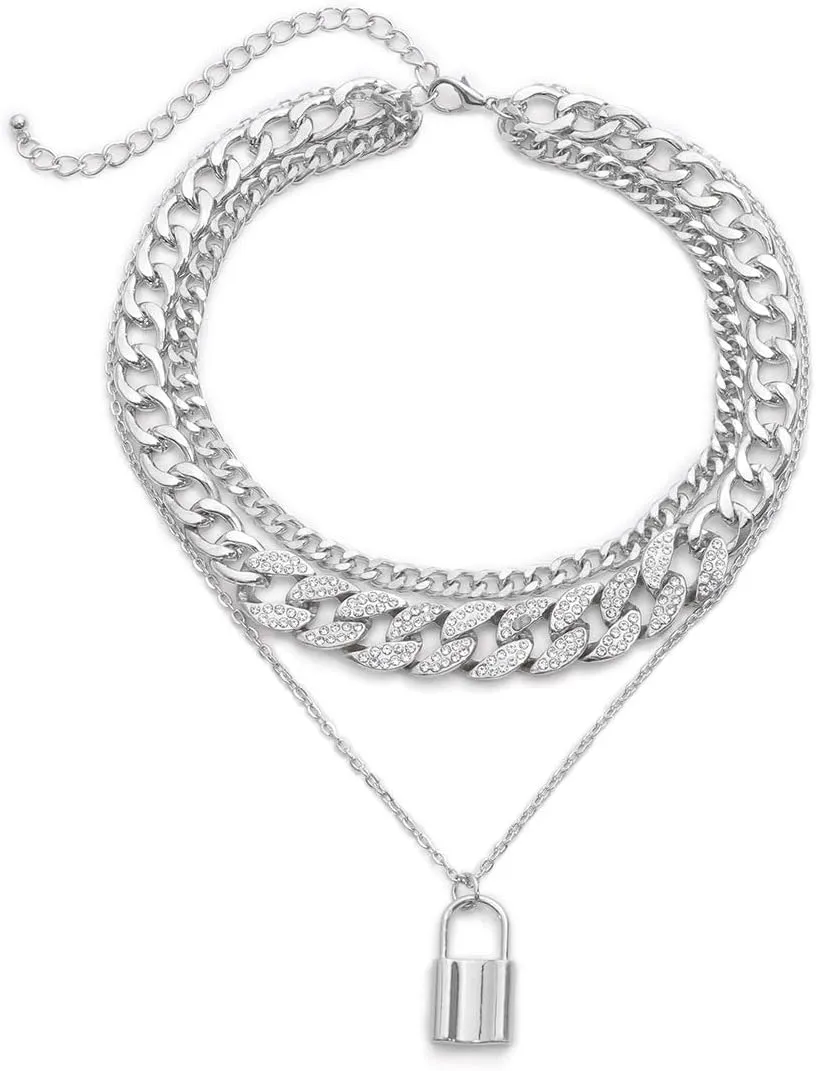 COLORFUL BLING Shiny Hip Hop Rhinestone Cuban Link Chain Lock Pendant Necklace With Bracelet Set Punk Cubic Zircon Layered Choker Necklace for Women Unisex Jewelry