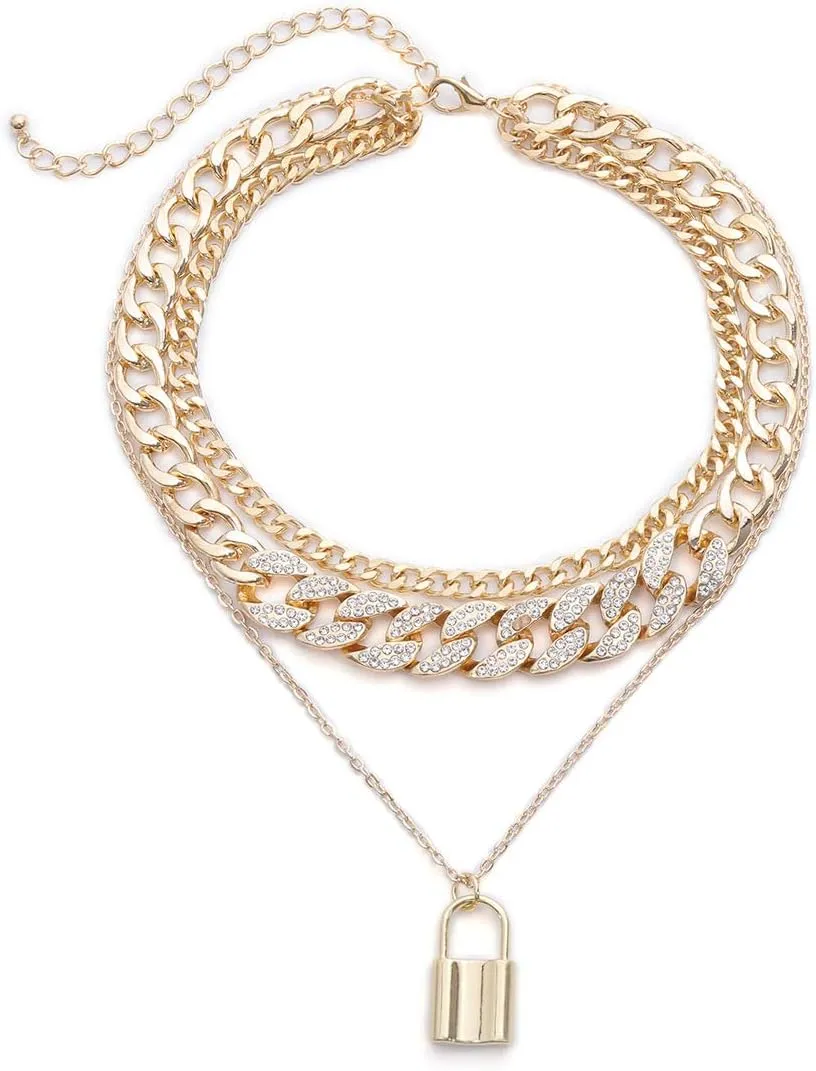 COLORFUL BLING Shiny Hip Hop Rhinestone Cuban Link Chain Lock Pendant Necklace With Bracelet Set Punk Cubic Zircon Layered Choker Necklace for Women Unisex Jewelry