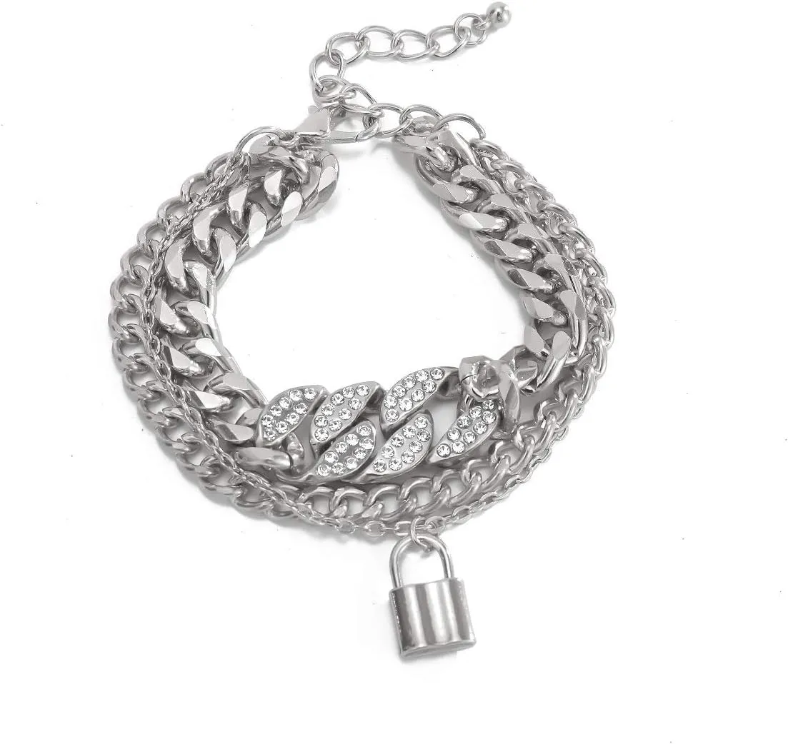 COLORFUL BLING Shiny Hip Hop Rhinestone Cuban Link Chain Lock Pendant Necklace With Bracelet Set Punk Cubic Zircon Layered Choker Necklace for Women Unisex Jewelry