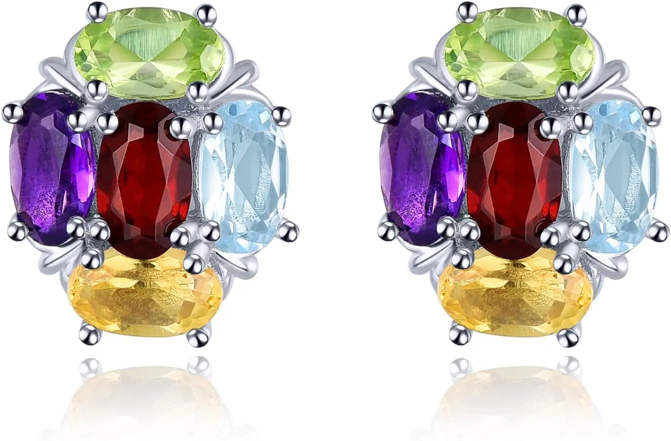 Colorful Gems Stud Earrings for Women Hypoallergenic S925 Sterling Silver Natural Gemstone Sky Blue Topaz Peridot Garnet Citrine Amethyst Studs Elegant Fine Jewelry for Her
