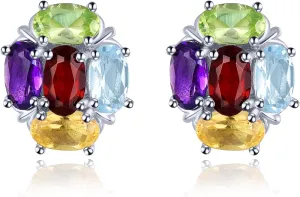 Colorful Gems Stud Earrings for Women Hypoallergenic S925 Sterling Silver Natural Gemstone Sky Blue Topaz Peridot Garnet Citrine Amethyst Studs Elegant Fine Jewelry for Her