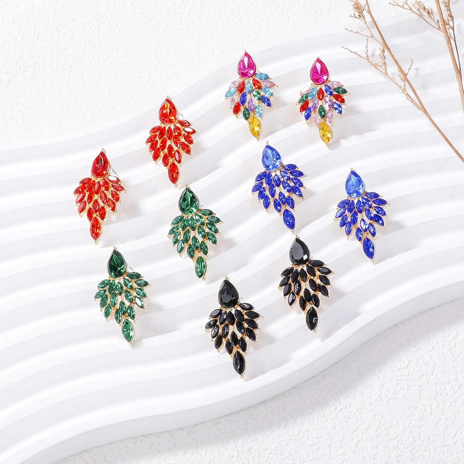 Colourful Rhinestone Statement Dangle Earrings,Fashion Dainty Crystal Drop Earrings Vintage Boho Shiny Leaf-shaped Flower Stud Earrings Wedding Jewelry Gifts for Women