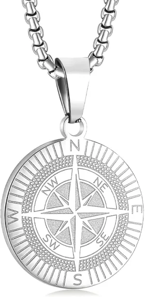 Compass Necklace for Men, Stainless Steel Pendant Necklace, Adjustable Chain, Unique Navigator Design, Gift for Adventure Lovers