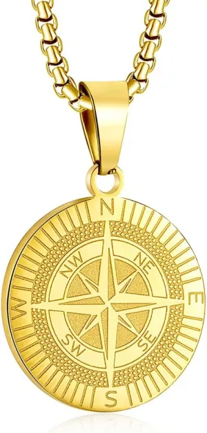 Compass Necklace for Men, Stainless Steel Pendant Necklace, Adjustable Chain, Unique Navigator Design, Gift for Adventure Lovers