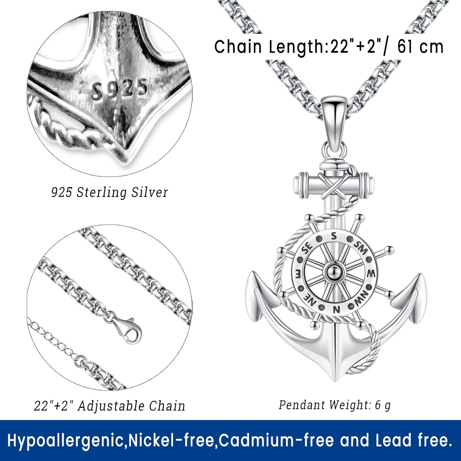 Compass Necklace for Women Men 925 Sterling Silver Pendant Urn Necklaces for Ashes Picture Locket Necklace Anchor Necklace Viking Necklace Crystals CZ Moonstone Abalone Shell Turquoise Compass Jewelry