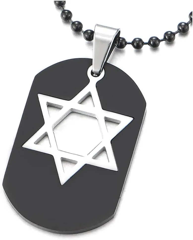 COOLSTEELANDBEYOND Unique Black Dog Tag Pendant Necklace Inlayed with Silver Star-of-David Stainless Steel for Men