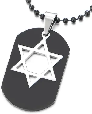 COOLSTEELANDBEYOND Unique Black Dog Tag Pendant Necklace Inlayed with Silver Star-of-David Stainless Steel for Men