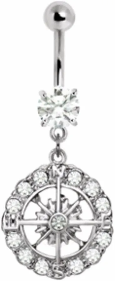 Covet Jewelry 316L Stainless Steel Nautical Compass Dangle Navel Ring