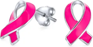 Created Opal Enamel CZ Cubic Zirconia Pink Ribbon For Breast Cancer Awareness Pendant Stud Earrings For Women .925 Sterling Silver October Birthstone