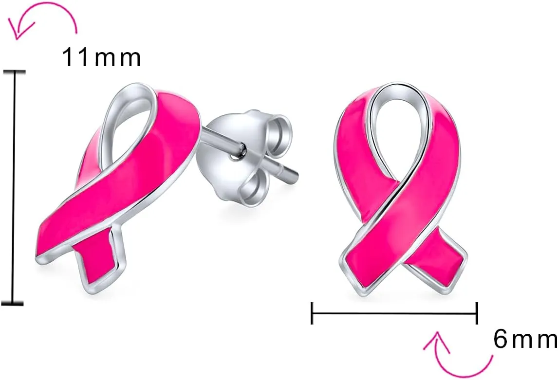 Created Opal Enamel CZ Cubic Zirconia Pink Ribbon For Breast Cancer Awareness Pendant Stud Earrings For Women .925 Sterling Silver October Birthstone