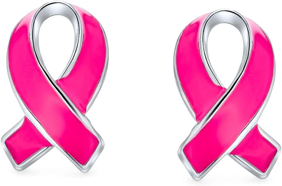 Created Opal Enamel CZ Cubic Zirconia Pink Ribbon For Breast Cancer Awareness Pendant Stud Earrings For Women .925 Sterling Silver October Birthstone