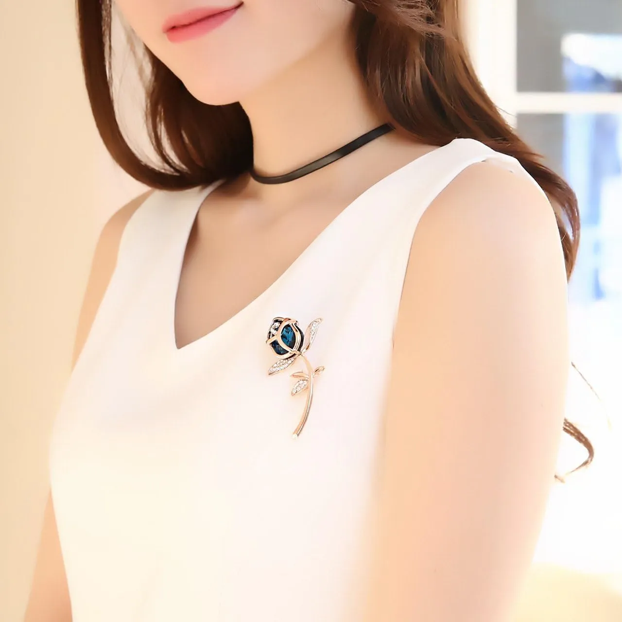 Created Rhinestone Crystal Brooch, Classy Rose Flower Fashion Pin Gift for Women Girls