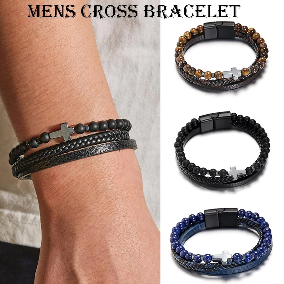Cross Bracelet Christian Gift, Tiger Eye Bracelet Men Leather Cuff Bracelet, Healing Crystal Anxiety Relief Stress Bracelet, Magnet Bracelet for Pain Relief Women (21cm/8.27in, Cross Tiger Eye)