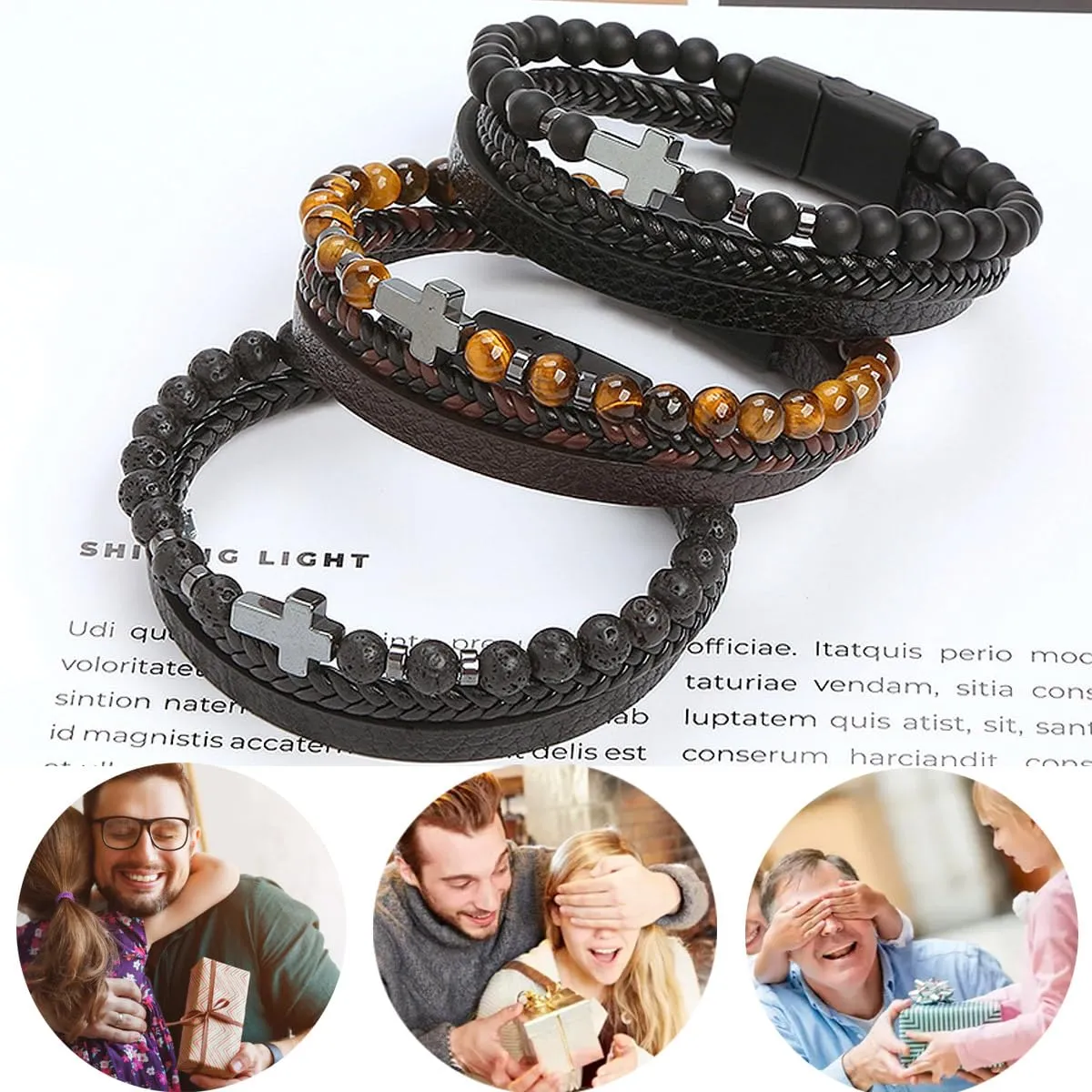 Cross Bracelet Christian Gift, Tiger Eye Bracelet Men Leather Cuff Bracelet, Healing Crystal Anxiety Relief Stress Bracelet, Magnet Bracelet for Pain Relief Women (21cm/8.27in, Cross Tiger Eye)