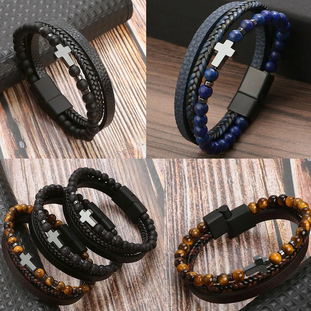 Cross Bracelet Christian Gift, Tiger Eye Bracelet Men Leather Cuff Bracelet, Healing Crystal Anxiety Relief Stress Bracelet, Magnet Bracelet for Pain Relief Women (21cm/8.27in, Cross Tiger Eye)