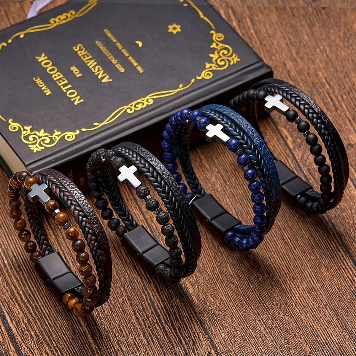 Cross Bracelet Christian Gift, Tiger Eye Bracelet Men Leather Cuff Bracelet, Healing Crystal Anxiety Relief Stress Bracelet, Magnet Bracelet for Pain Relief Women (21cm/8.27in, Cross Tiger Eye)