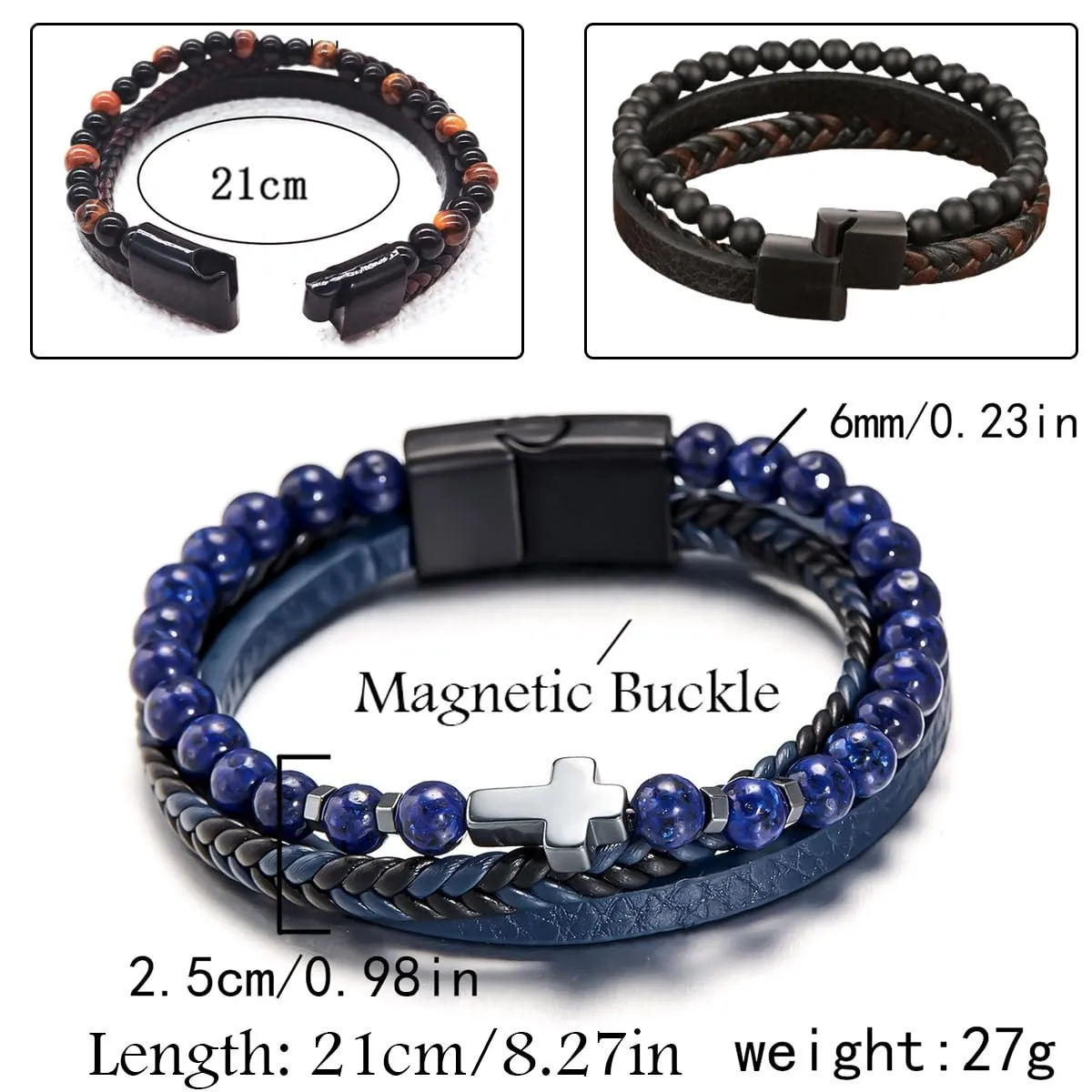 Cross Bracelet Christian Gift, Tiger Eye Bracelet Men Leather Cuff Bracelet, Healing Crystal Anxiety Relief Stress Bracelet, Magnet Bracelet for Pain Relief Women (21cm/8.27in, Cross Tiger Eye)