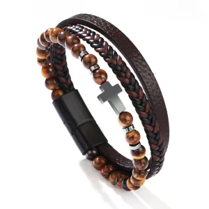 Cross Bracelet Christian Gift, Tiger Eye Bracelet Men Leather Cuff Bracelet, Healing Crystal Anxiety Relief Stress Bracelet, Magnet Bracelet for Pain Relief Women (21cm/8.27in, Cross Tiger Eye)