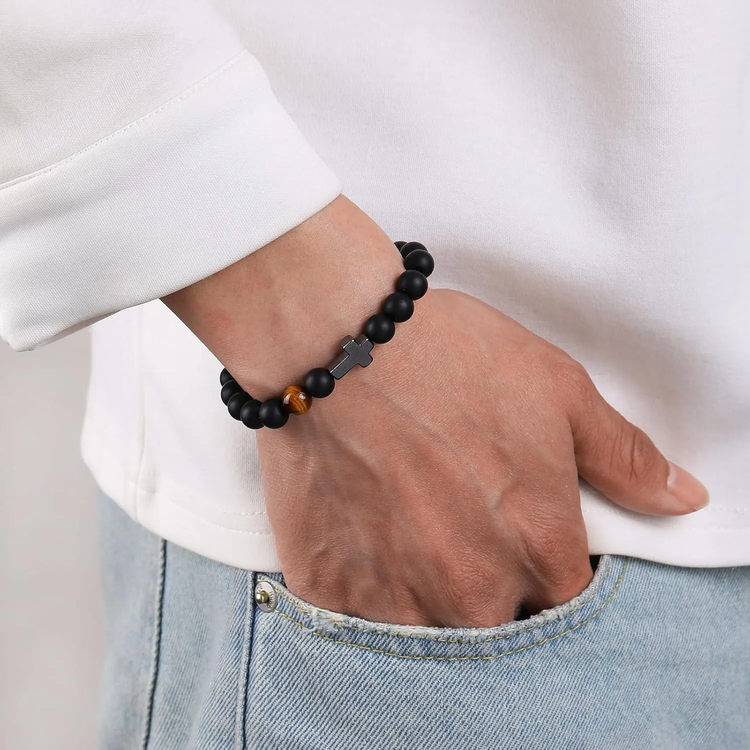 Cross Bracelet Gifts for Bonus Dad Son, Fathers Gifts for Men First Communion Confirmation Gift for Boys Teens Religious Christening Baptism Easter Basket Stuffers Jewelry for Him